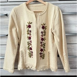 Vintage 60’-80’ hand embroidered floral cardigan, crew neck natural wool blend